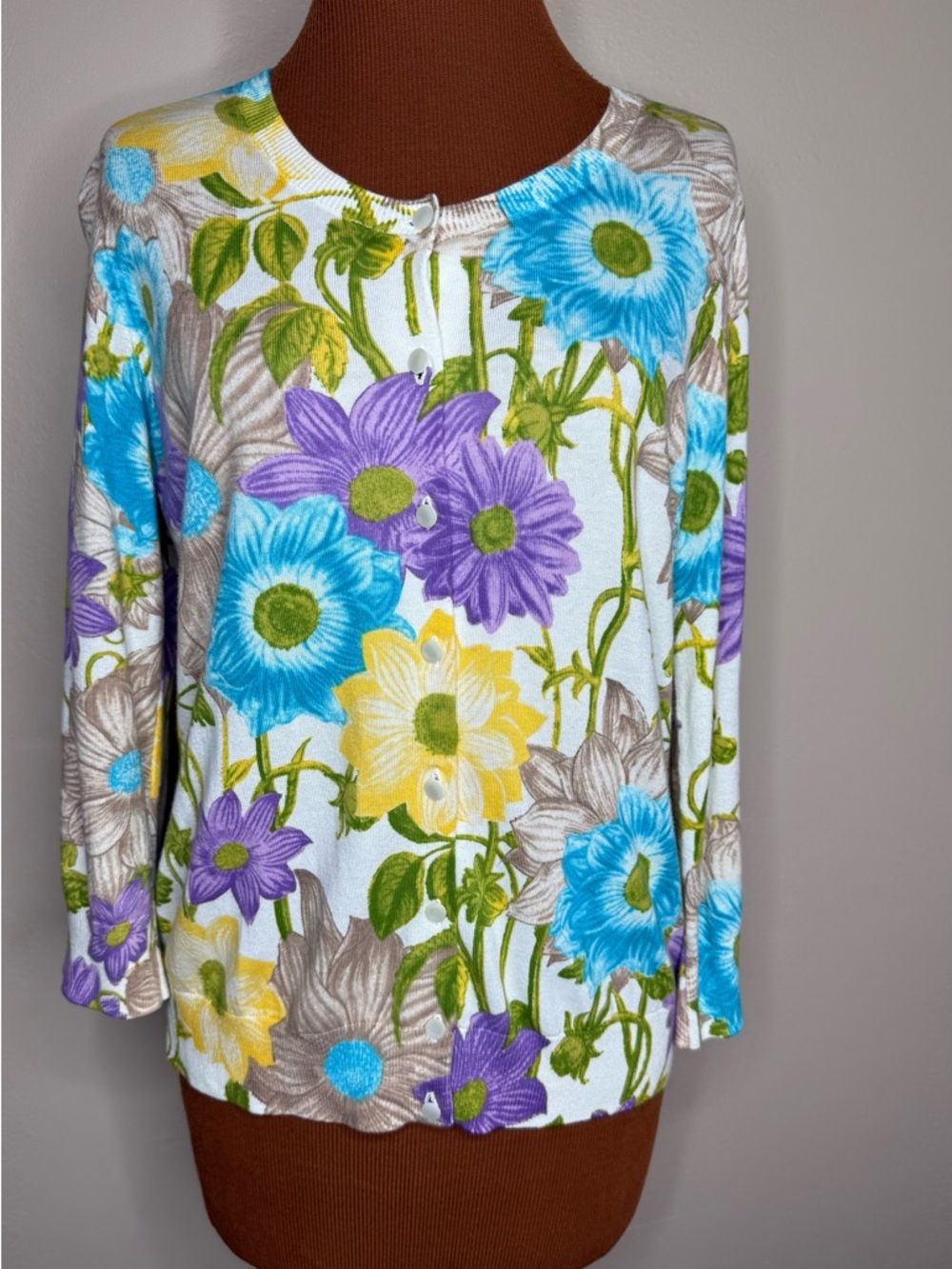 Talbots Floral Print 3/4 Length Sleeve Button Front Cardigan Sweater Size Medium